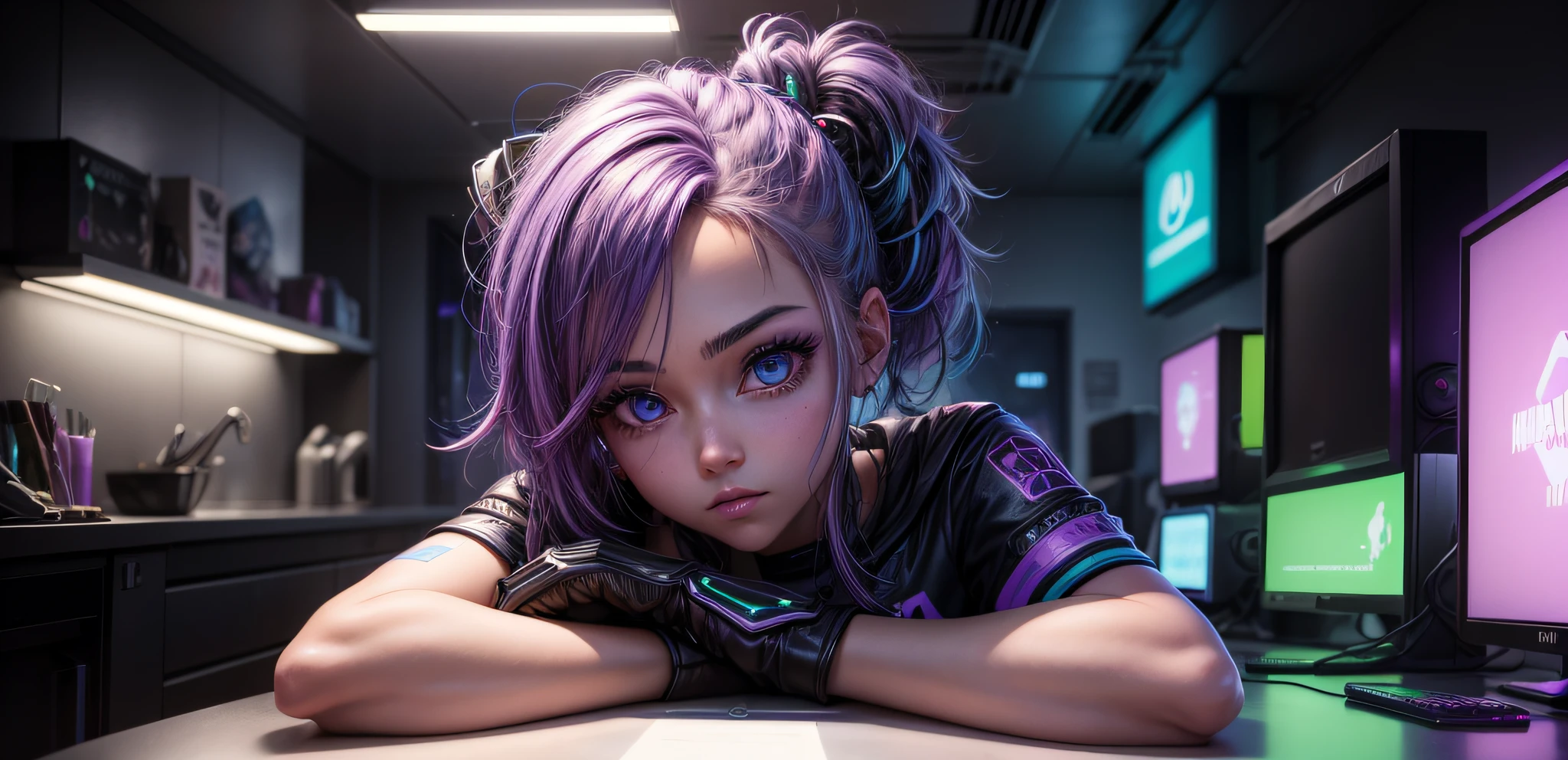 Imagem de uma sentada em uma cadeira em frente a uma mesa de computador, sala de jogos, Tema gamer, cyberpunk setting, in a cyberpunk themed room, purple and cyan lighting, sala de jogos em 2 0 4 0, gamer aesthetic, Jogos LED, with neon lighting, mesa de jogos, ambient lighting from top, quarto infantil cyberpunk, Cyberpunk with neon lighting purple hair blue eyes 8K extremely detailed, liso, alta resolução, ultra qualidade, olhos altamente detalhados, boca altamente detalhada, rosto altamente detalhado, olhos perfeitos, both eyes are equal, luz verdadeira, brilho, iridescente, global ilumination, movimento real do cabelo, Luz Real, Sombra Real, rosto real, disco Rigido, 2K, 4k, 8k, 16k, Luz realista, Sombra realista, olhos brilhantes, olhos fluorescentes, luz suave, luz dos sonhos,anime, ............3d, Japan, Pixar, obra-prima, melhor qualidade