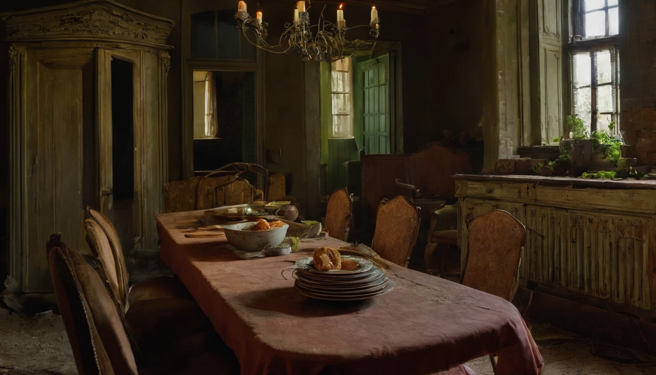 Abandoned house, haunted, dining room, table set, stale food, untouched by decay, time had frozen within the walls of the house