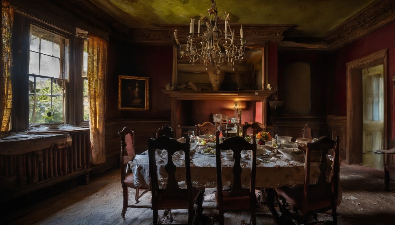 Abandoned house, haunted, dining room, table set, stale food, untouched by decay, time had frozen within the walls of the house