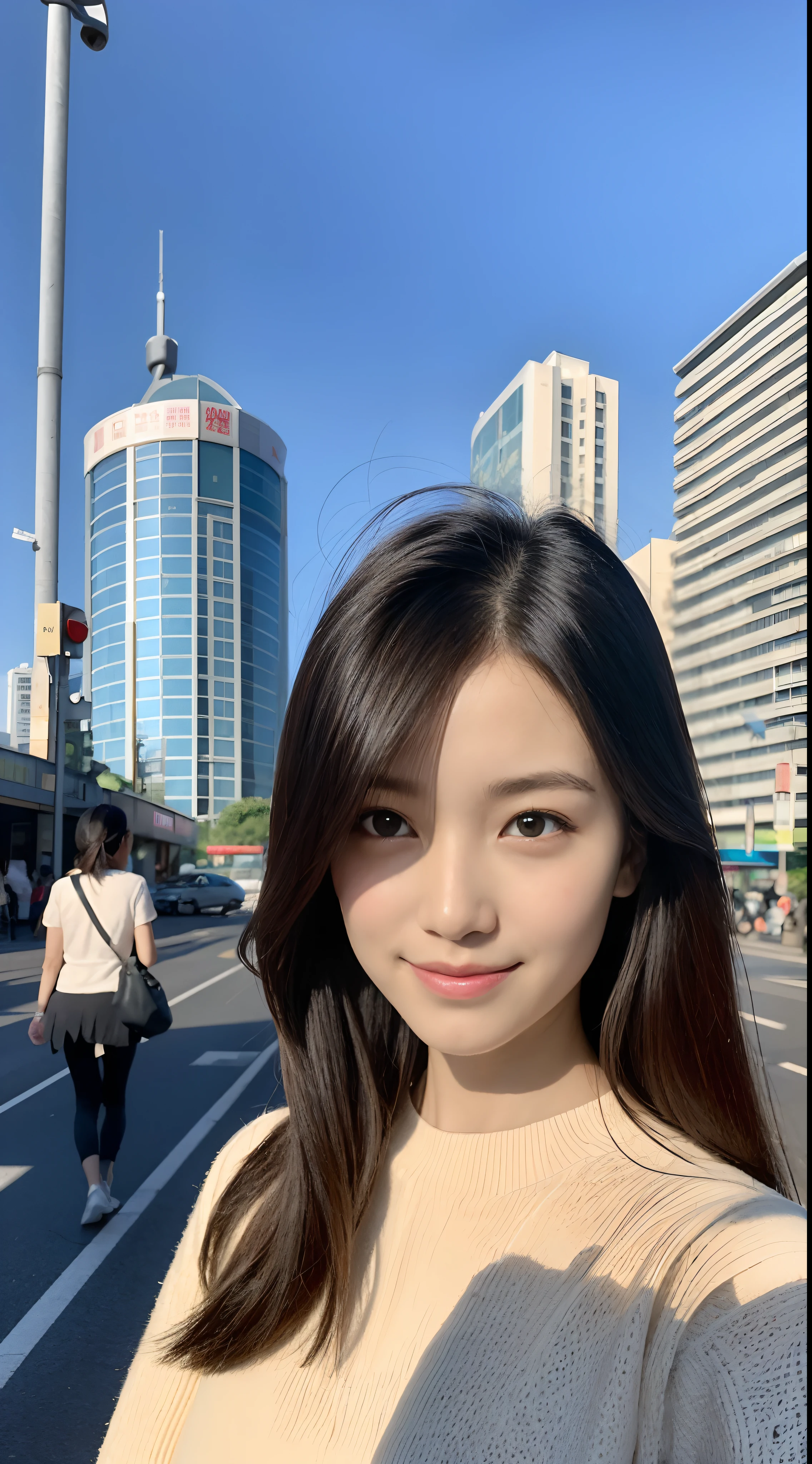 Two girls: A 16-year-old girl walks in front of a zebra crossing at a traffic light on a Hong Kong street,Extreme light and shadow,Aurora chase,Extremely strong reflected light,Extreme shadows,blue-sky,The sun shines on the face,enjoying life,Healing pictures,(Smile 0.9)(Upper body close-up 1.2)(Great view 1.2)(Clean background 1.2)(Delicate facial features1.3)(Perfect body 1.1)(Flat chest 1.1)(Global illumination 1.2)(Surreal scenario 1.3)(White sweater 1.2),rendering by octane,CGSociety trends,(Ultra-delicate eye structure 1.3)(There is reflected light in the eye1.3)(Bust close-up 1.3)(Young and energetic1.3)(Playful 1.3)(Long hairstyles,Thick hair1.2)(youthfulenergy)(Texture 1.3)(Tyndall Light and Shadow 1.2)Behind it is a vague Hong Kong red tram