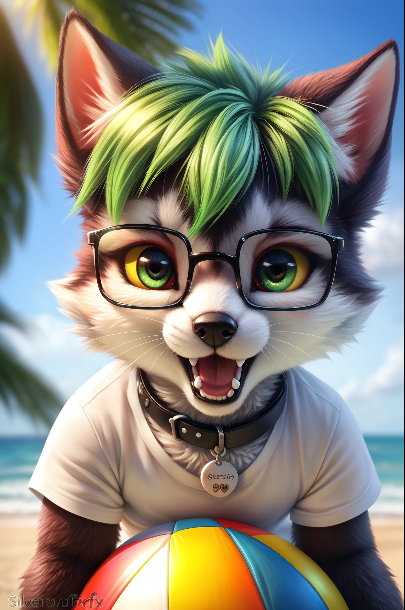 Husky, green hair, [green eyes], glistening eyes, glasses, open mouth, happy, smile, fluffy, looking at viewer, male, white t-shirt, collar, heart tag, loose white t-shirt, black pants, beach scene, (beachball), (white sclera), big pupils,
BREAK,
uploaded on e621, (by silverfox5213:1.2), (high detail, film photography, soft focus, RAW candid cinema, photorealism, realistic, photorealistic, analog style, subsurface scattering, masterpiece, best quality, ultra realistic, 8k),