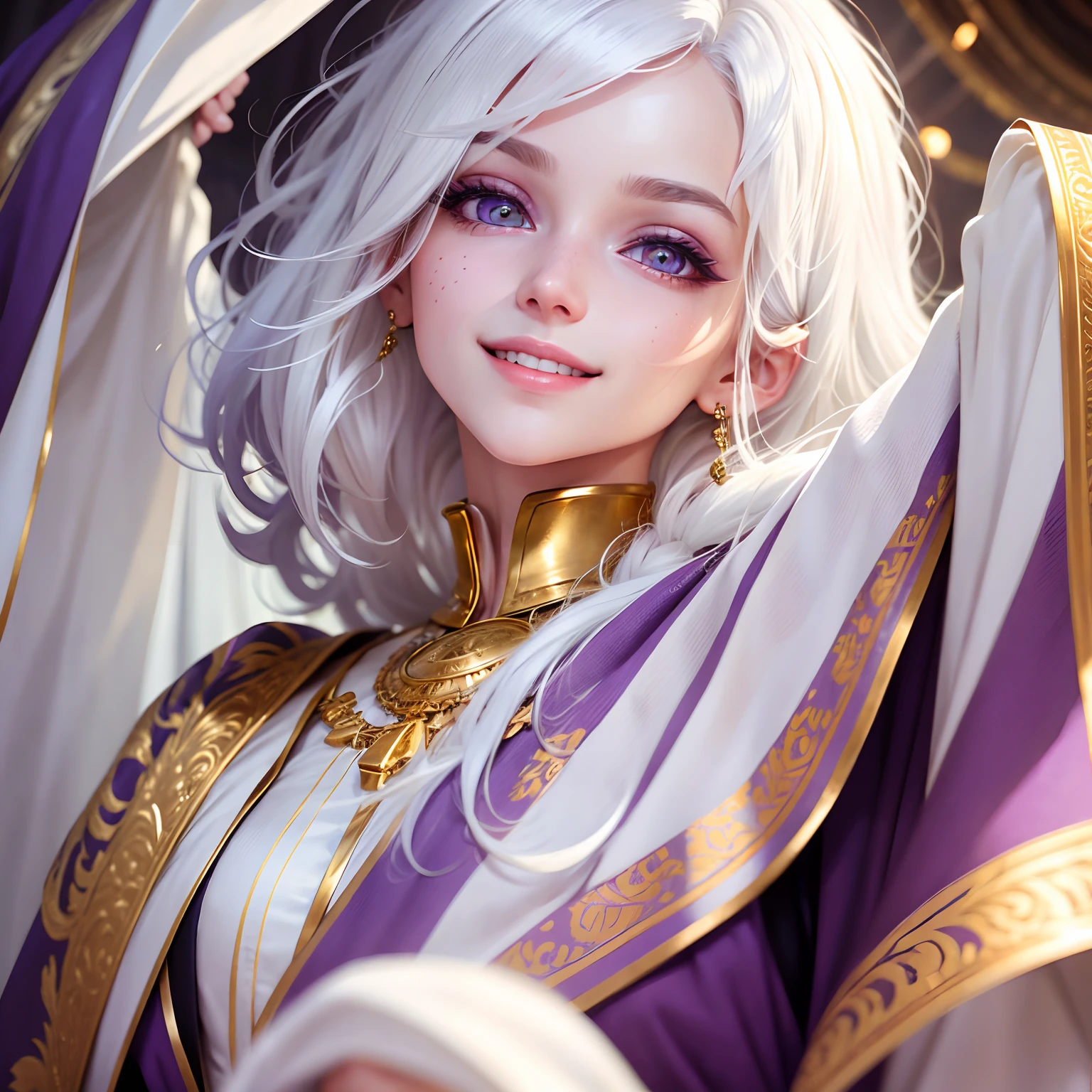 best quality, white hair, gold eyes, purple clothes, looking up, upper body, hair strand, Fair skin, smiling