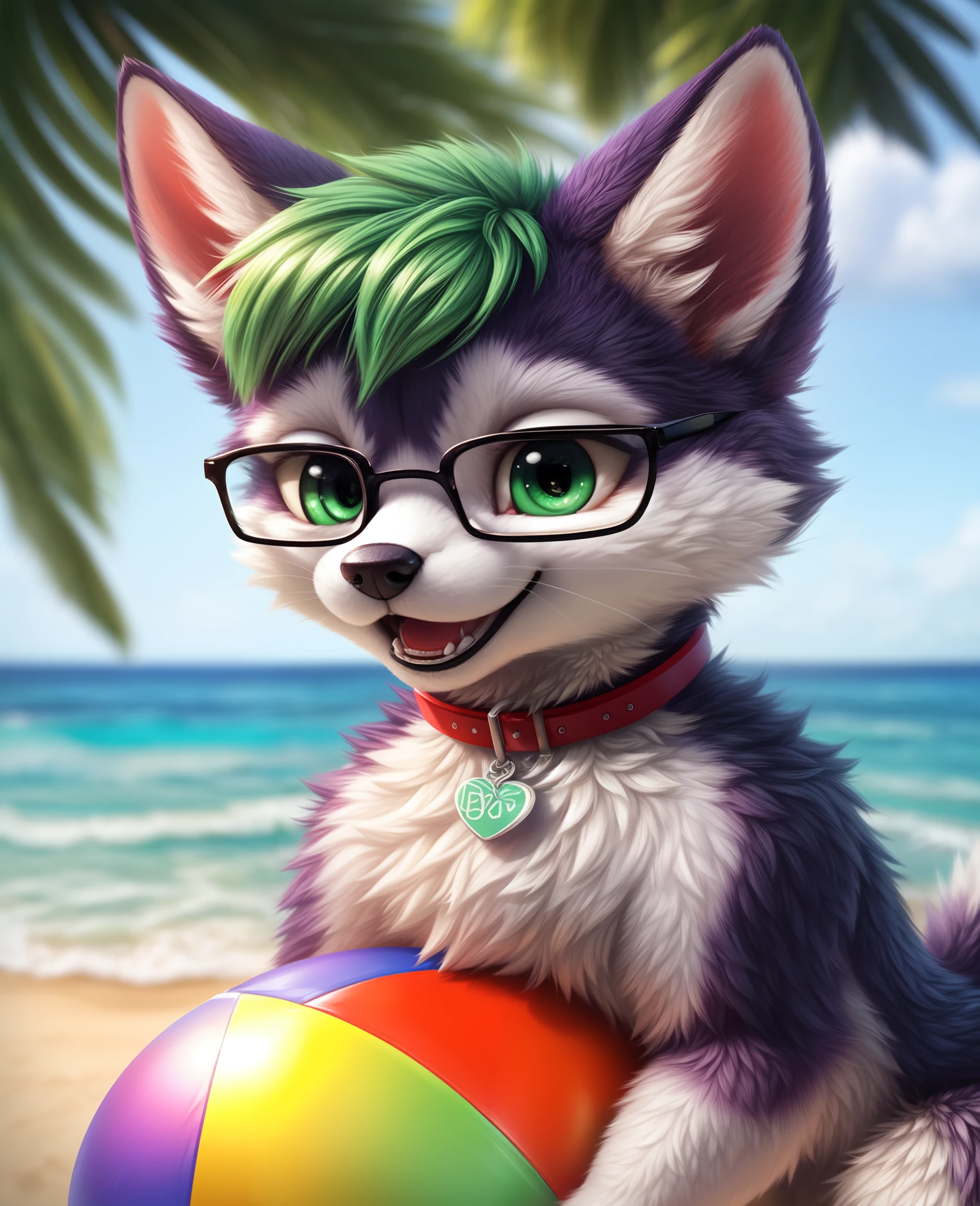 Husky, green hair, [green eyes], glistening eyes, glasses, open mouth, happy, smile, fluffy, looking at viewer, male, white t-shirt, collar, heart tag, loose white t-shirt, black pants, beach scene, (beachball), (white sclera), big pupils, BREAK, uploaded on e621, (by silverfox5213:1.2), (high detail, film photography, soft focus, RAW candid cinema, photorealism, realistic, photorealistic, analog style, subsurface scattering, masterpiece, best quality, ultra realistic, 8k),