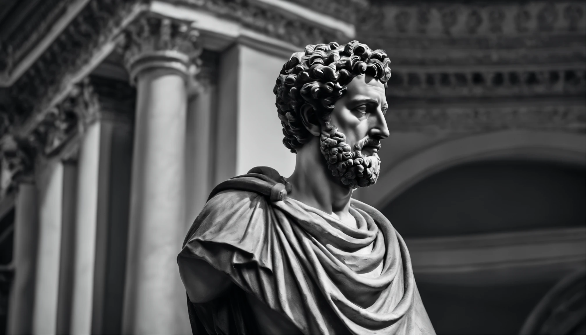 a portrait statue of the stoic Marcus Aurelius in black and white 4K,Face de lado, papel de parede super realista