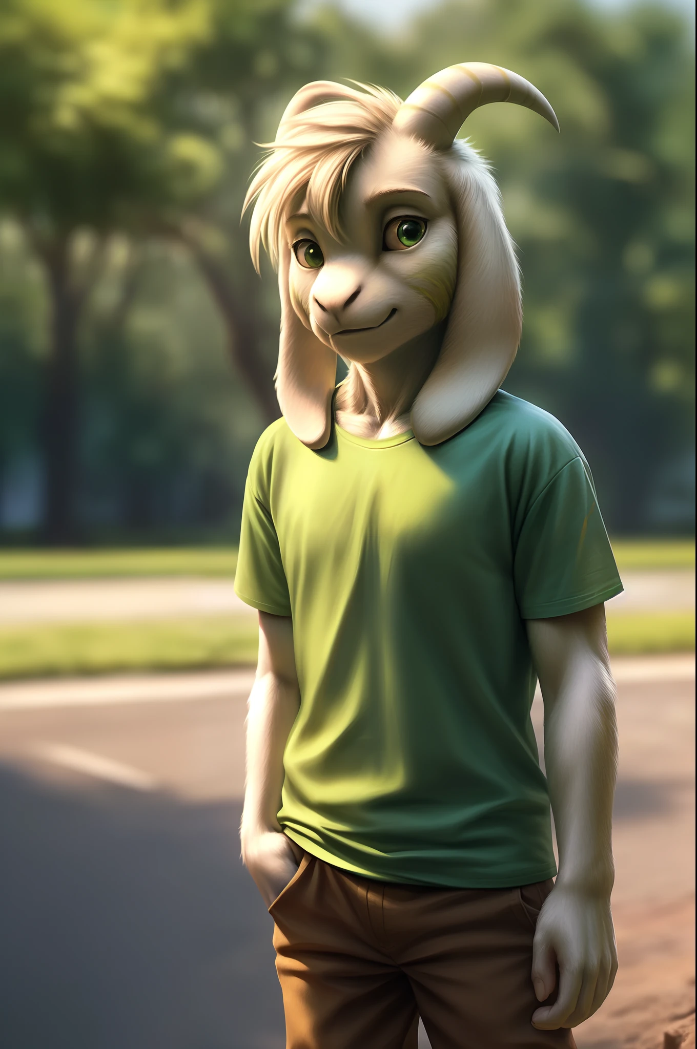 (( )), (high detail, film photography, soft focus, RAW candid cinema, photorealism, realistic, photorealistic, analog style, subsurface scattering, masterpiece, best quality, ultra realistic, 8k), (asriel:1.2), (fluffy), solo, kid, child, (green t-shirt in yellow stripes, brown pants)