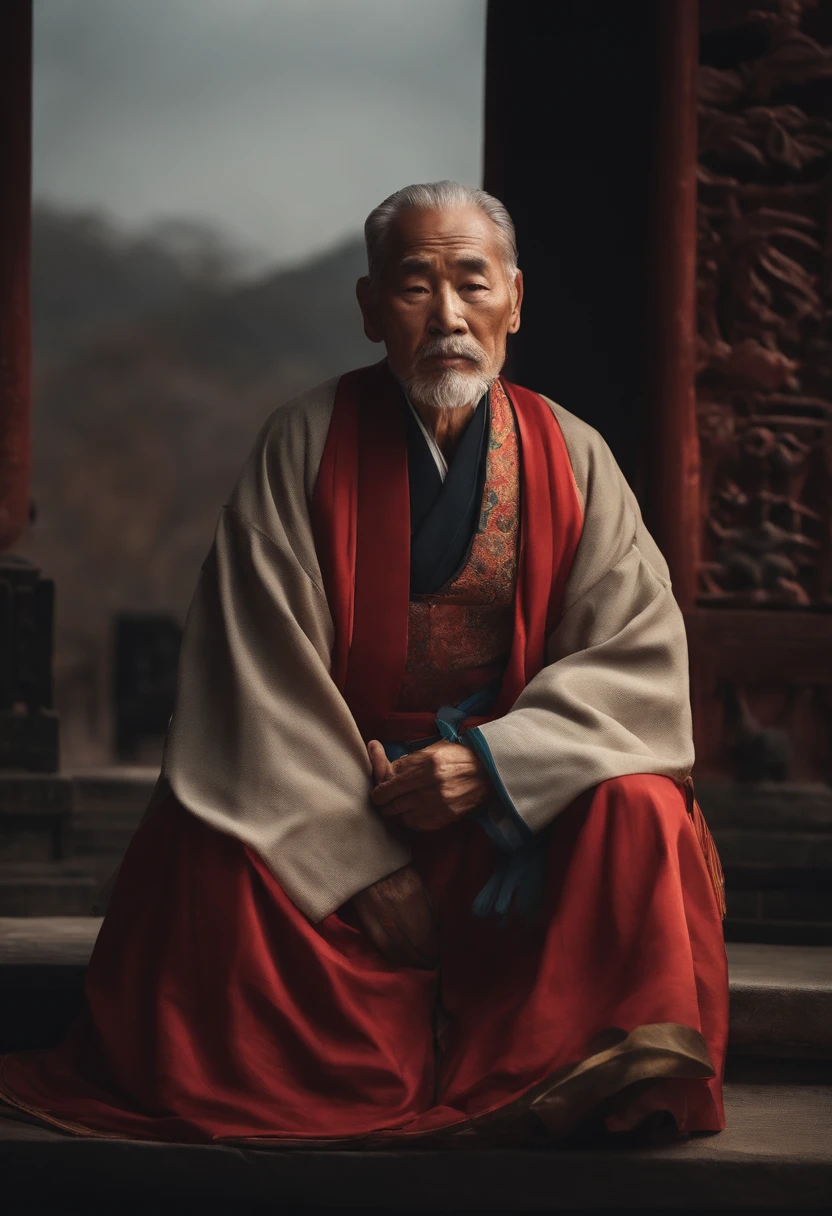 Many faces are suspended in the sky, Below an old man in Hanfu sat cross-legged