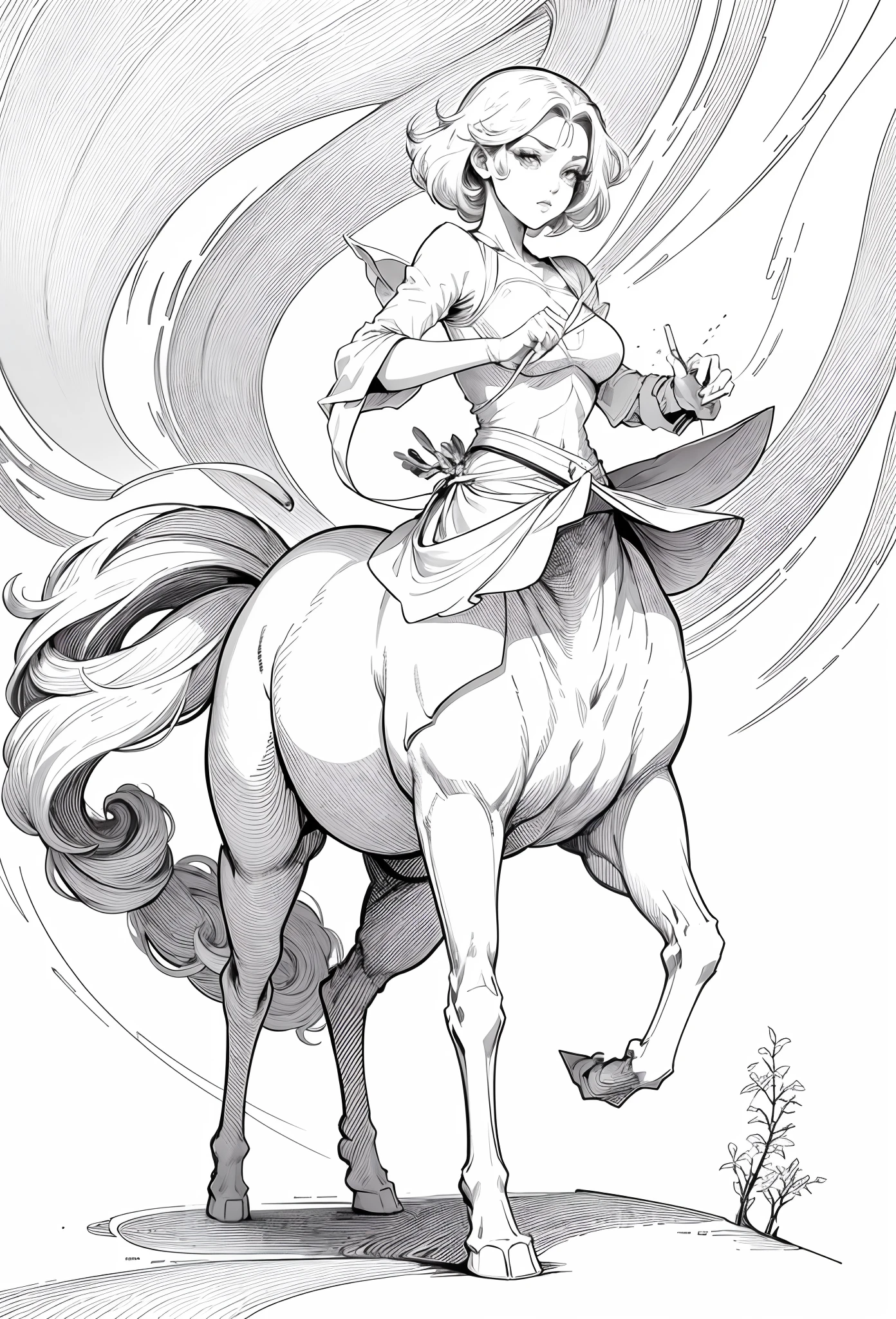 1 Centaur girl，four legged，Line drawings，Plain white background，pencil drawing，Remove the background，Graphic design sense，Smooth black and white lines，Perfect curves，simple and clean lines，fluency，delicated face，No additional wiring is required，Perfect hand movements，Hold out five fingers，（high high quality）(volumettic light)