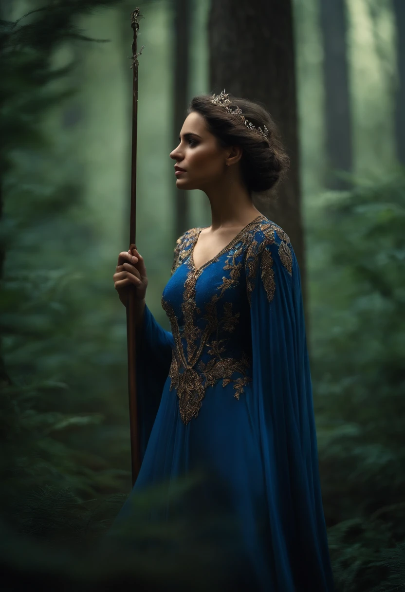 ((fantasia)) uma jovem elfa com cabelos loiros, vestindo um vestido azul bordado, She has a staff in her hands and is standing in a forest