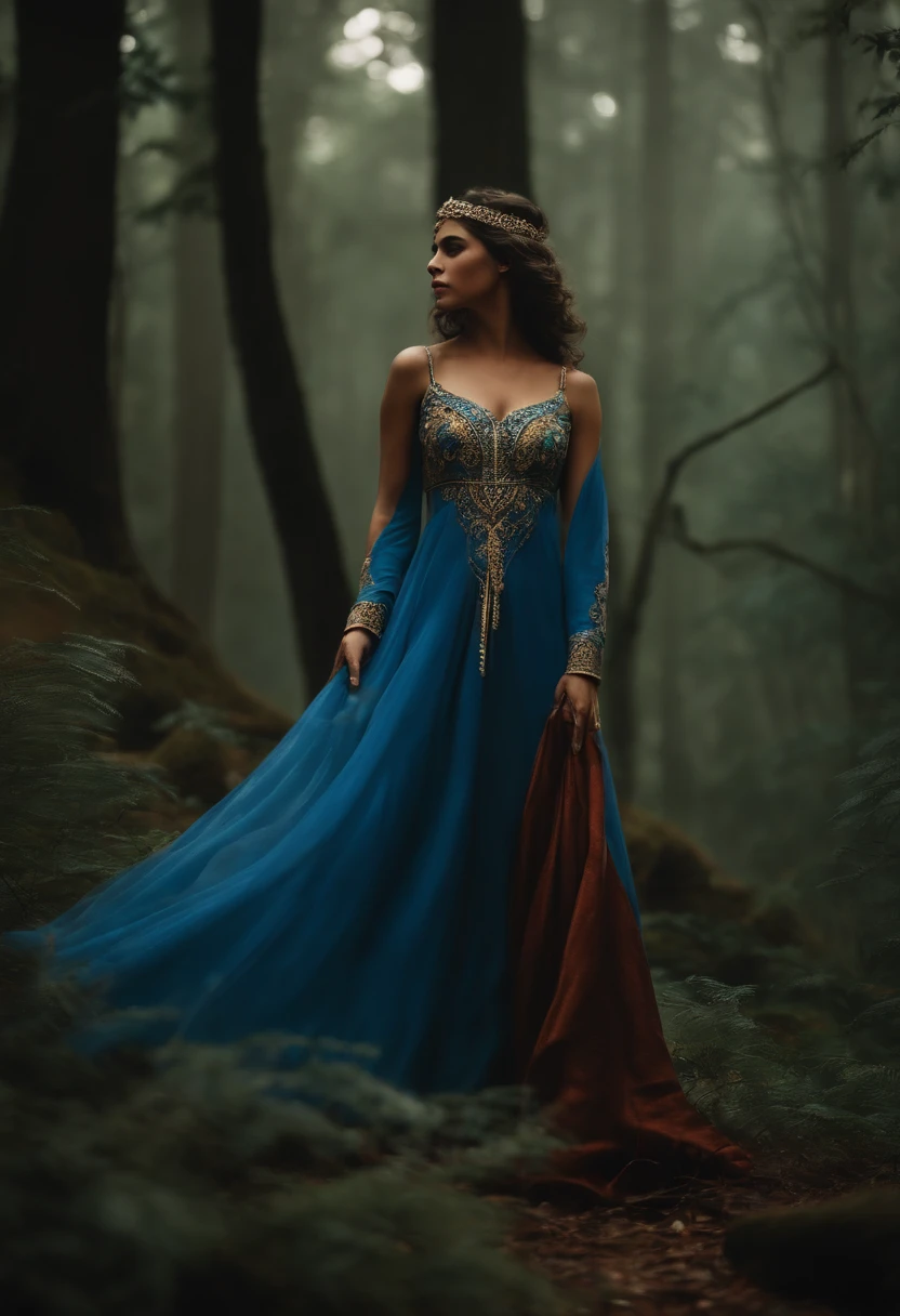 ((fantasia)) uma jovem elfa com cabelos loiros, vestindo um vestido azul bordado, She has a staff in her hands and is standing in a forest