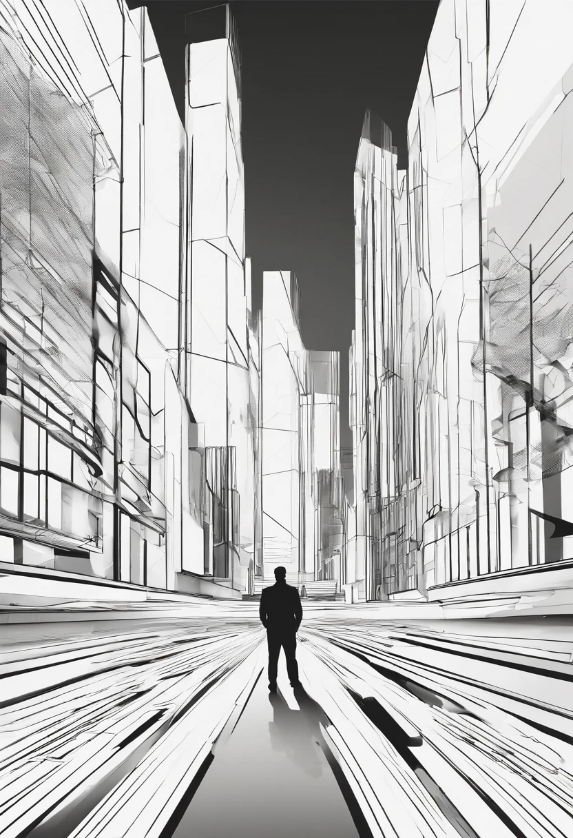 a person standing alone in a white, open space. The camera angle should be a low-angle shot looking up at them. They appear anxious, looking upwards with intense fear and tension