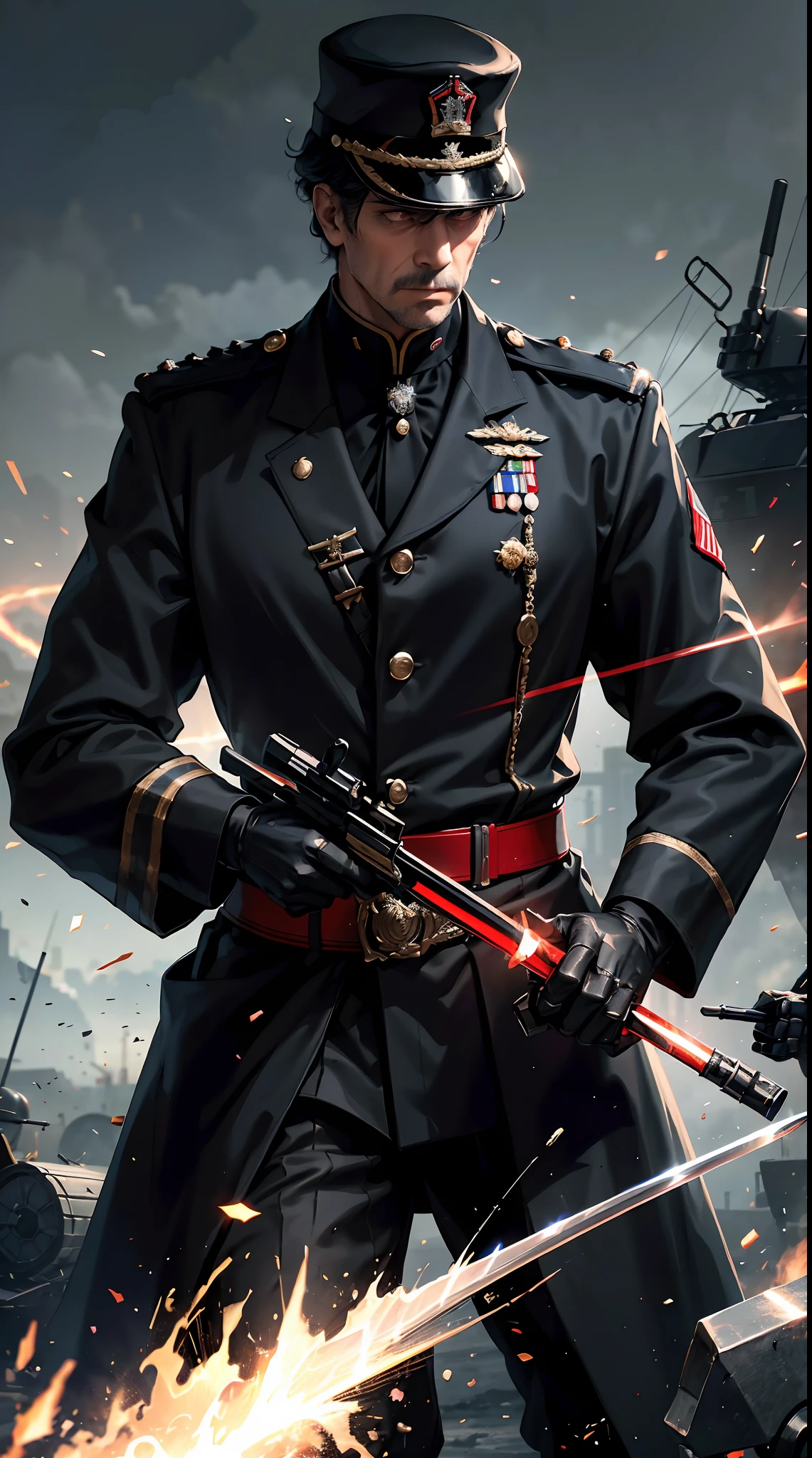 Father general holding swords, general ww2 black suits, general ww2 black hats, elegant slash pose. tanks and soldiers in the background,red blood element,hd light and dark, balance rendering, HD lighting and dark )<=(epic image quality)dark atmosphere with bright particle light(many effects in background)