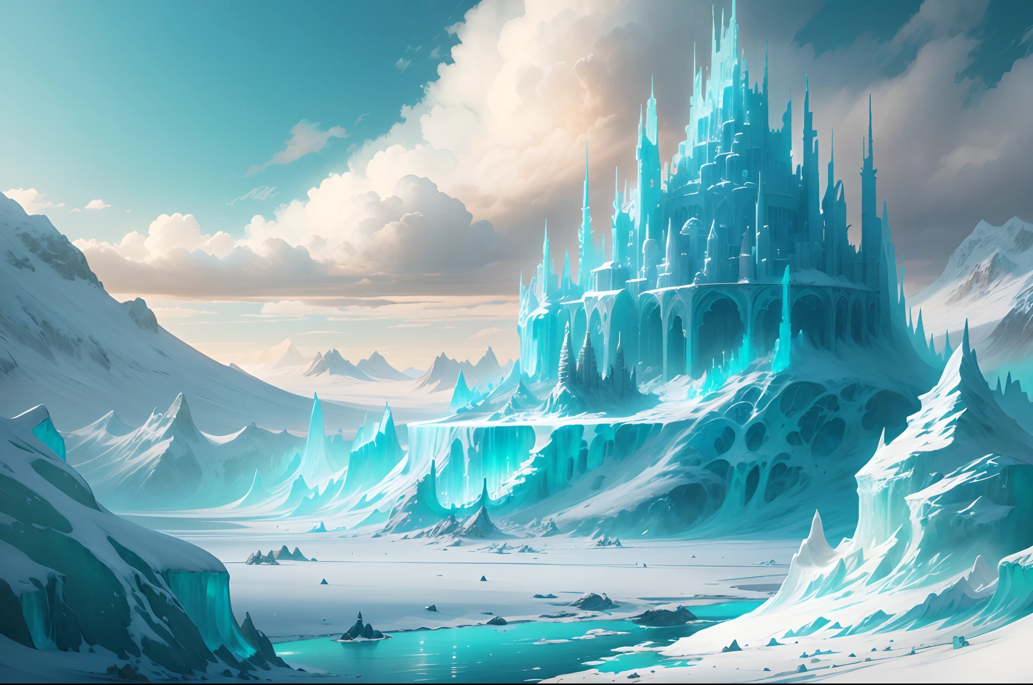 ModelShoot style, (Extremely detailed Cg Unity 8K wallpaper),Snow-capped Antarctic landscape,Transparent ethereal ice sculpture palace,Transparent ethereal ice sculpture palace,Beautiful aurora,Vast and breathtaking scenery.Immerse yourself in the beautiful aurora,Arte conceitual de inverno, inspired by Andreas Rocha, andreas rocha style, detailed fantasy digital art, 4k highly detailed digital art, Fantasy art Behance, surreal frozen landscape, ❄️ Dream concept art, bussiere rutkowski andreas rocha, highly detailed fantasy art, Detailed digital 2D fantasy art