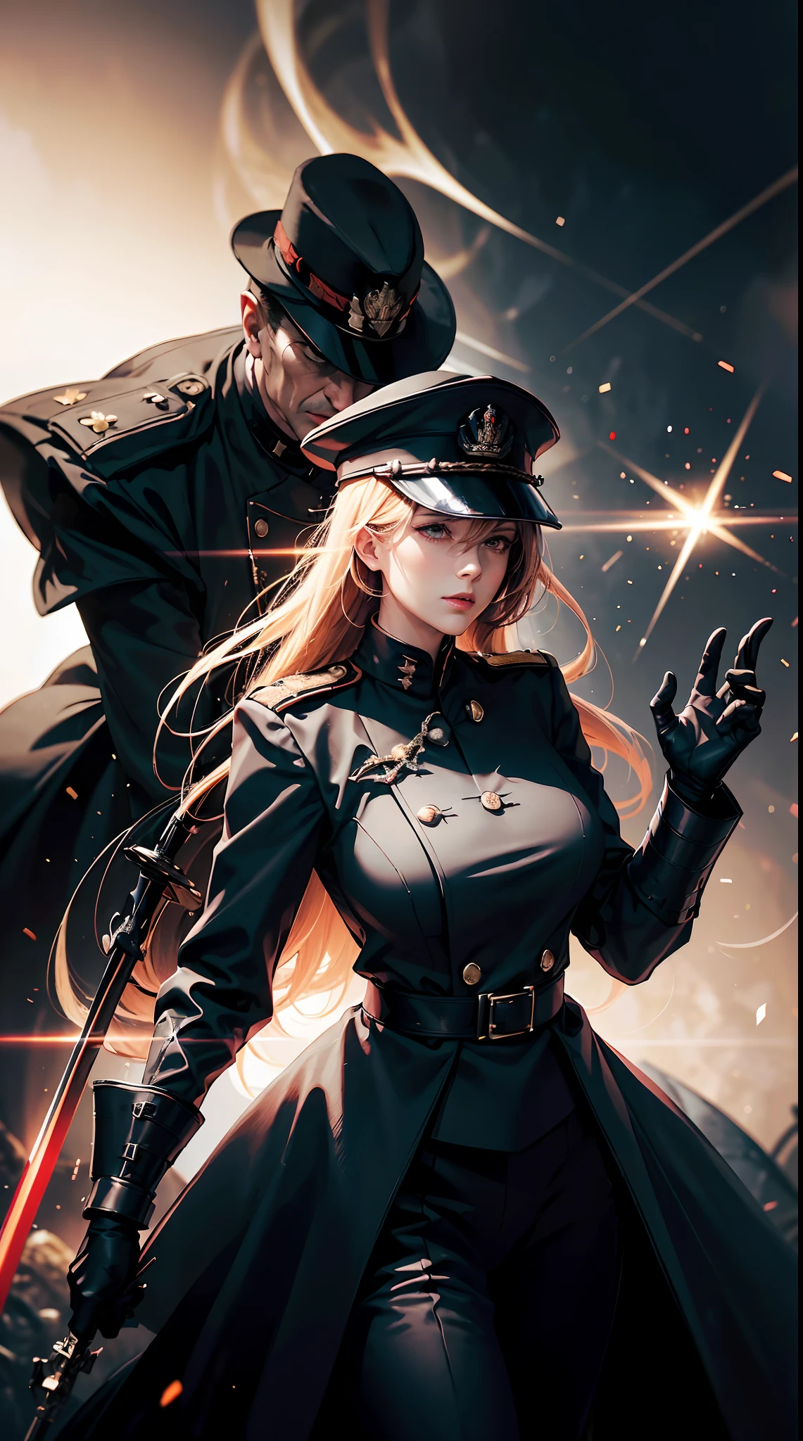 Father general holding swords,  general ww2 black suits,  general ww2 black hats, elegant slash pose. tanks and soldiers in the background,red blood element,hd light and dark, balance rendering, HD lighting and dark )<=(epic image quality)dark atmosphere with bright particle light(many effects in background)