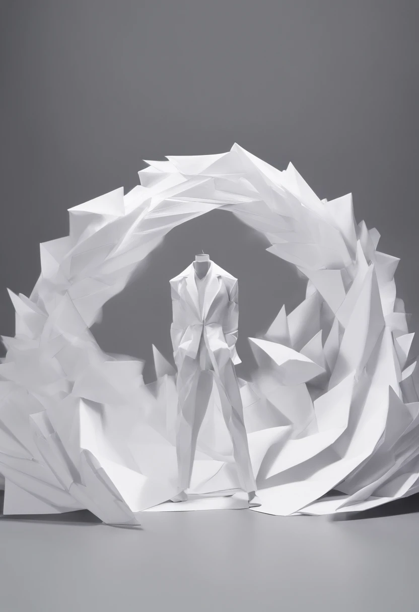 a person standing alone in a white, open space. The camera angle should be a low-angle shot looking up at them. They appear anxious, looking upwards with intense fear and tension