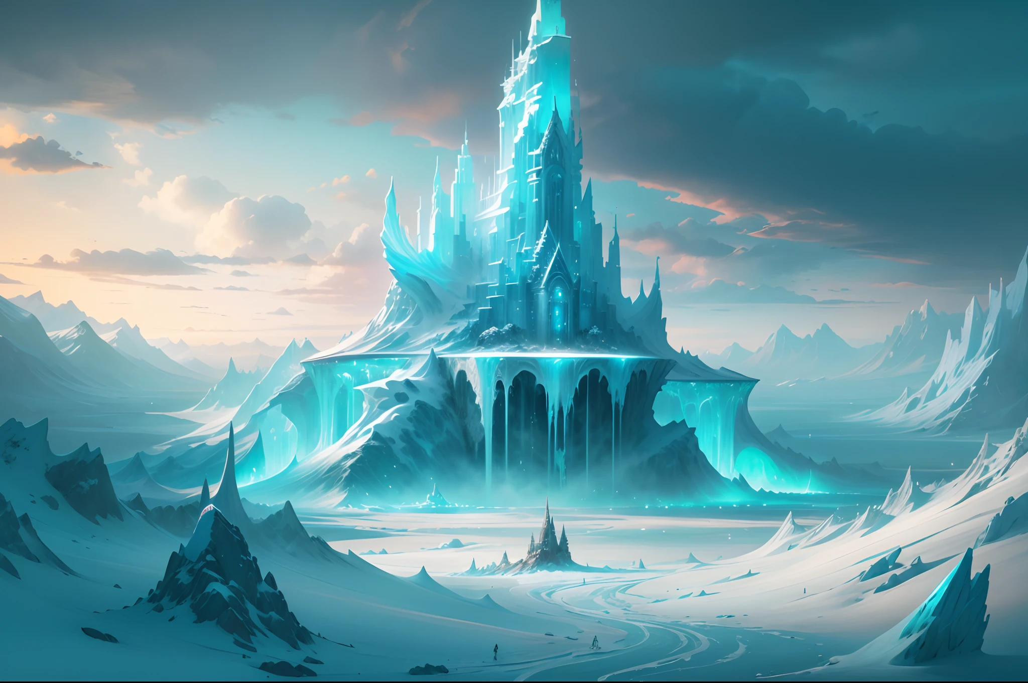 ModelShoot style, (Extremely detailed Cg Unity 8K wallpaper),Snow-capped Antarctic landscape,Transparent ethereal ice sculpture palace,Transparent ethereal ice sculpture palace,Beautiful aurora,Vast and breathtaking scenery.Immerse yourself in the beautiful aurora,Arte conceitual de inverno, inspired by Andreas Rocha, andreas rocha style, detailed fantasy digital art, 4k highly detailed digital art, Fantasy art Behance, surreal frozen landscape, ❄️ Dream concept art, bussiere rutkowski andreas rocha, highly detailed fantasy art, Detailed digital 2D fantasy art