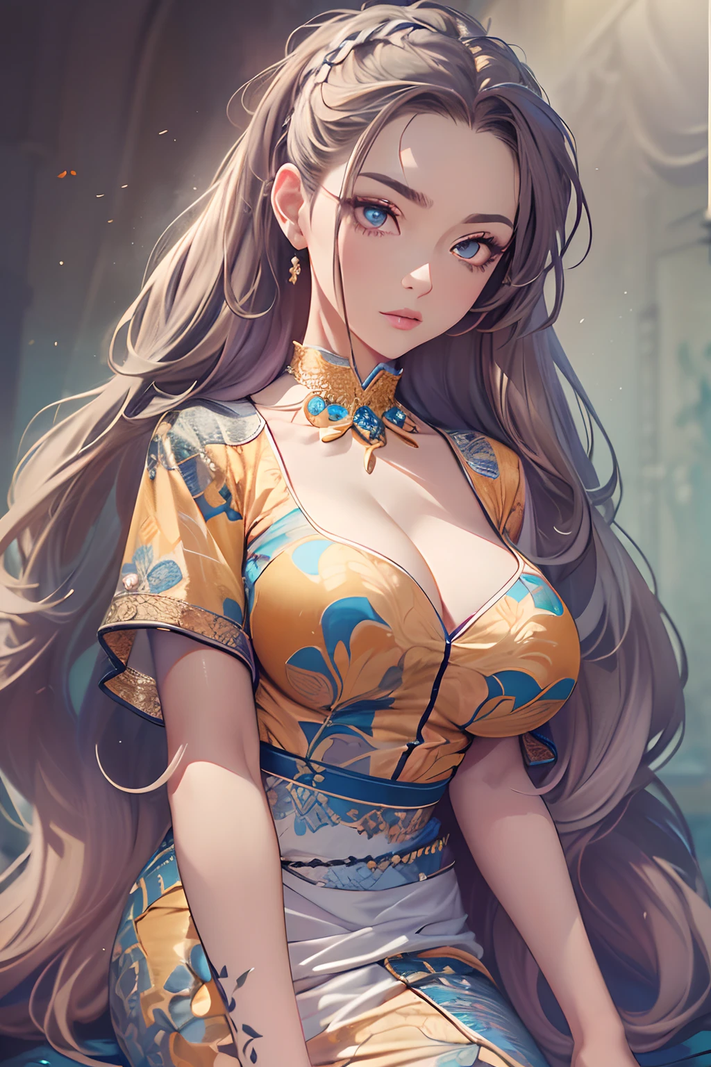 (best quality,4k,8k,highres,masterpiece:1.2), ultra-detailed eyes,(stand,woman leaning towards camera), pov, her body is facing the viewer, ponytail hair, vivid colors, sharp focus, detailed eyes, detailed lips,breast size:1.5, cleavage dress,patternless fabric clothes