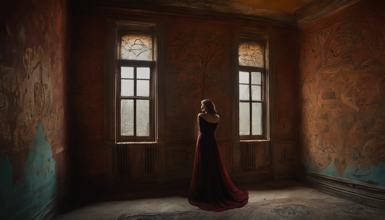 Man and woman exploring abandoned inside house, strange symbols etched into the walls, unnerving paintings adorned the walls, depicting twisted, nightmarish scenes, paintings on the wall, hanging