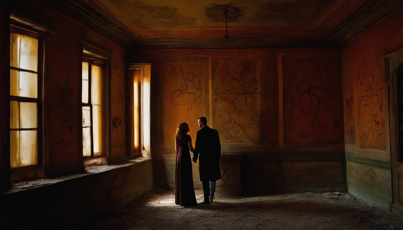 Man and woman exploring abandoned inside house, strange symbols etched into the walls, unnerving paintings adorned the walls, depicting twisted, nightmarish scenes, paintings on the wall, hanging