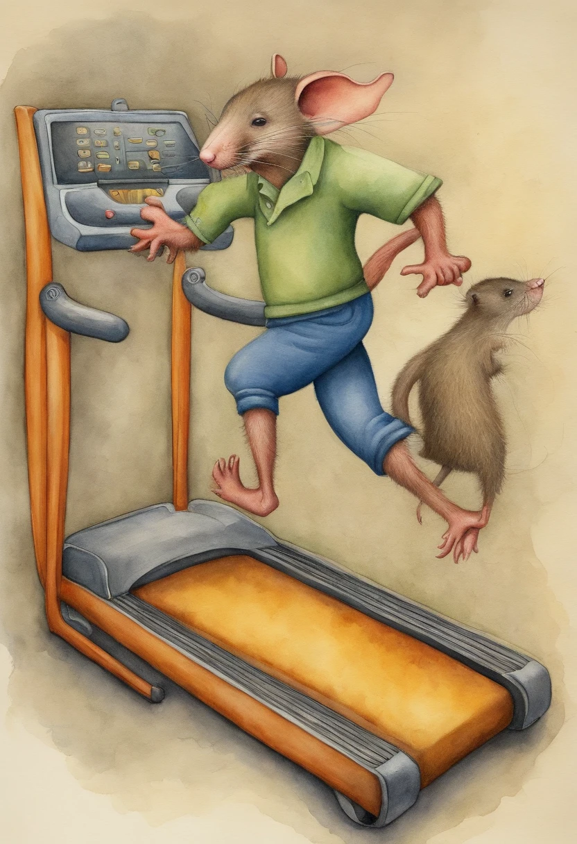 Depict people as rats running endlessly on a treadmill, symbolizing the monotony of modern work life, in the style of pawel kuczynski