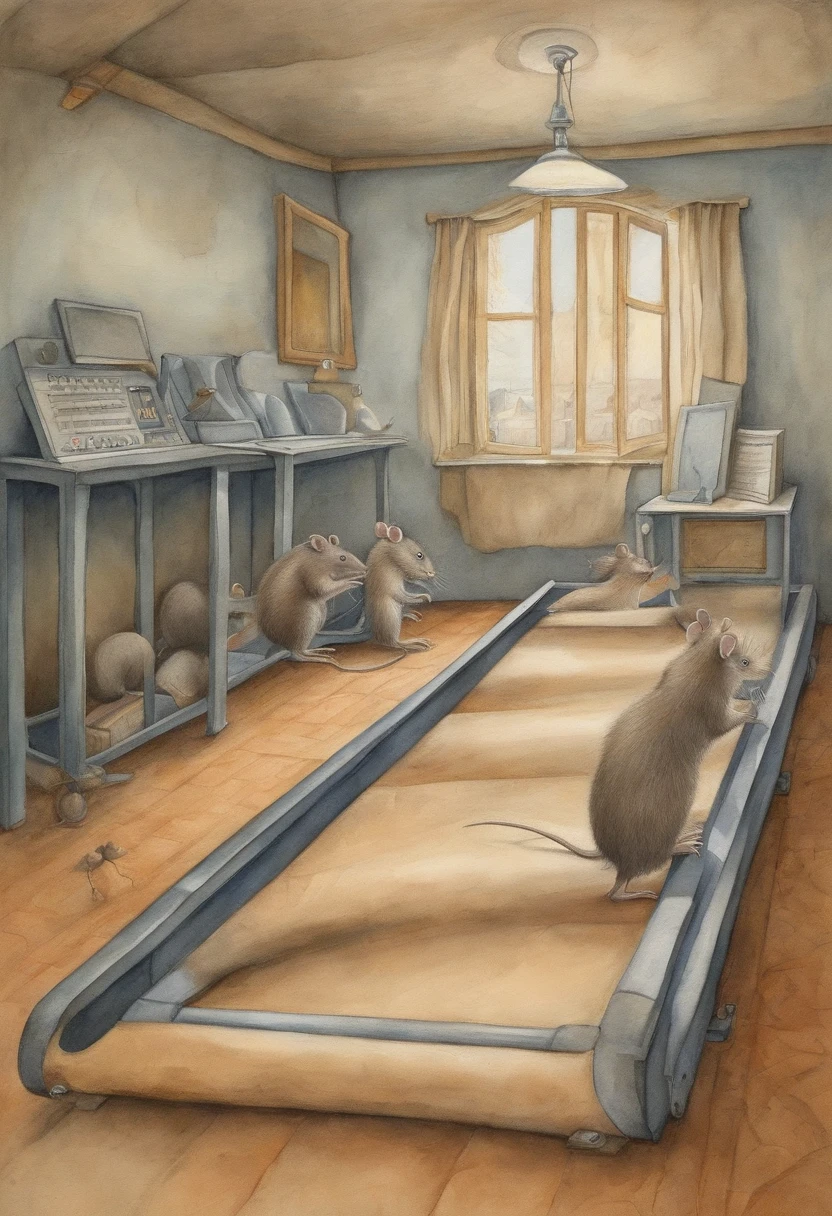 Depict people as rats running endlessly on a treadmill, symbolizing the monotony of modern work life, in the style of pawel kuczynski