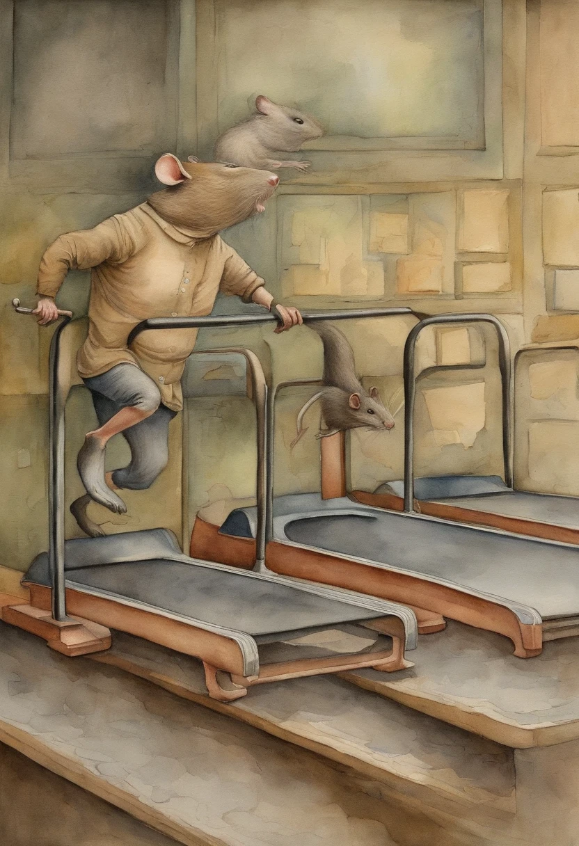 Depict people as rats running endlessly on a treadmill, symbolizing the monotony of modern work life, in the style of pawel kuczynski