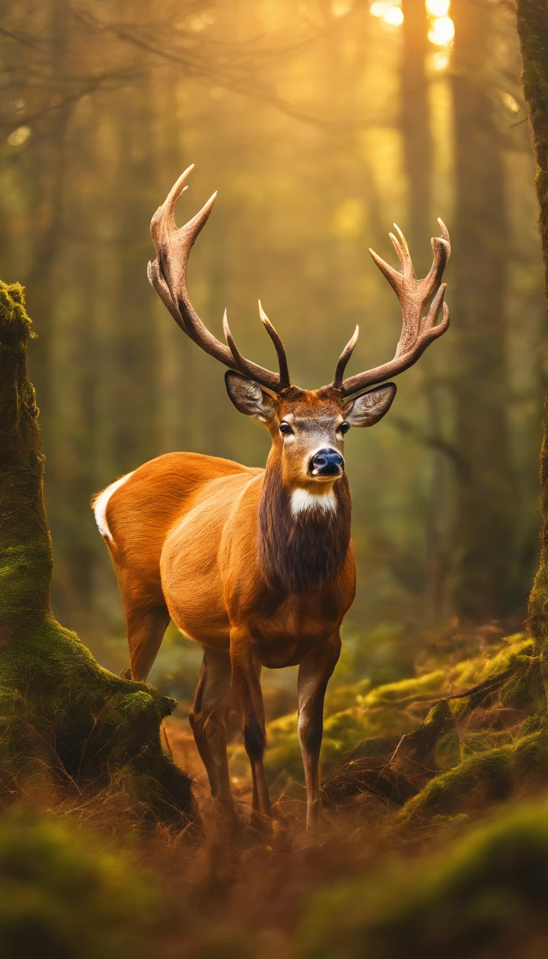 A buck in the middle of a clearing, golden hour, moss hanging from the antlers, staring at camera