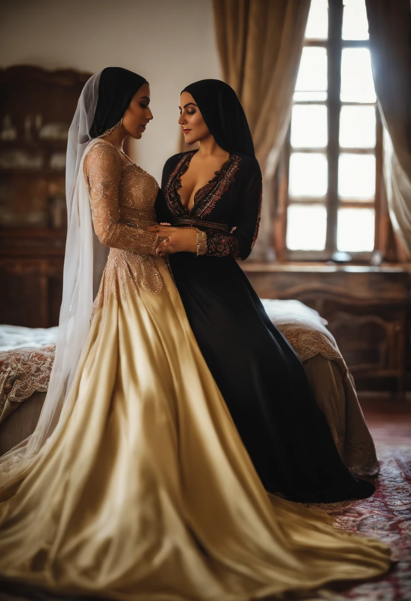 lesbianas, hijab, vestido largo, tetas grandes, nipslip, romantic, in the room, en la cama, sexy, seductor, Looking at each other's faces, amar, sexy, Soft lighting, Quiero , con