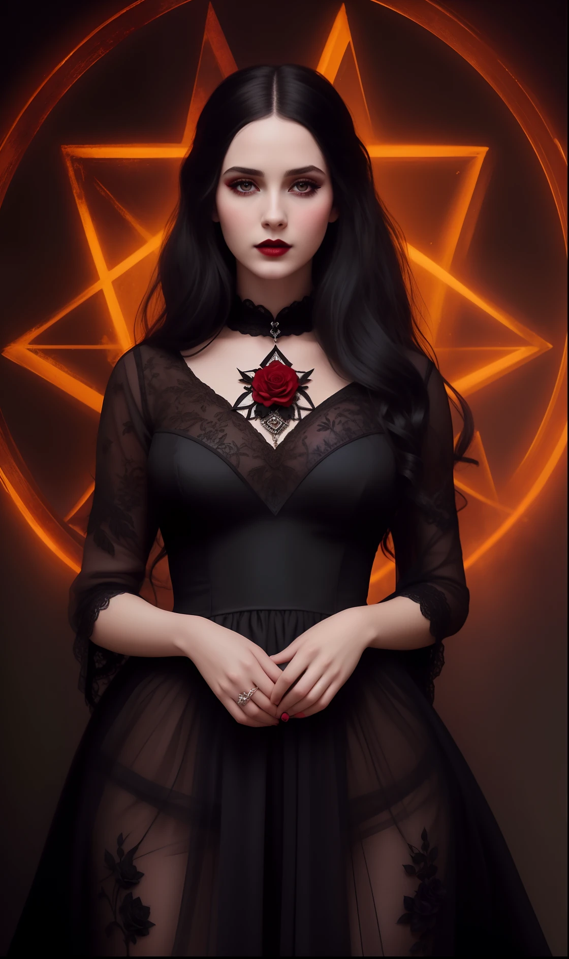 Extremely perfect cinematic hyperrealistic image of a gorgeous woman, a mais linda e sensual do mundo, em um vestido preto com uma rosa vermelha em seu peito, Arte Estilo Tom Bagshaw, Tom Bagshaw Estilo de Arte, wearing a gothic dress, Beautiful elegant demon queen, she is the queen of black roses, gothic aesthetic, gothic art style, Gothic fantasy art, gothic maiden, Estilo de Tom Bagshaw, Tom Bagshaw Estilo, moda vampiro, 16k, highes definition, rosto detalhado, rosto detalhado, olhos detalhados, terno detalhado, estilo DC, hiper-realista, + Cinematographic shot + dynamic compositing, incrivelmente detalhado, nitidez, detalhes + detalhes soberbos + noite com luz + perfeccionismo + realismo premiado ((soft-lighting))