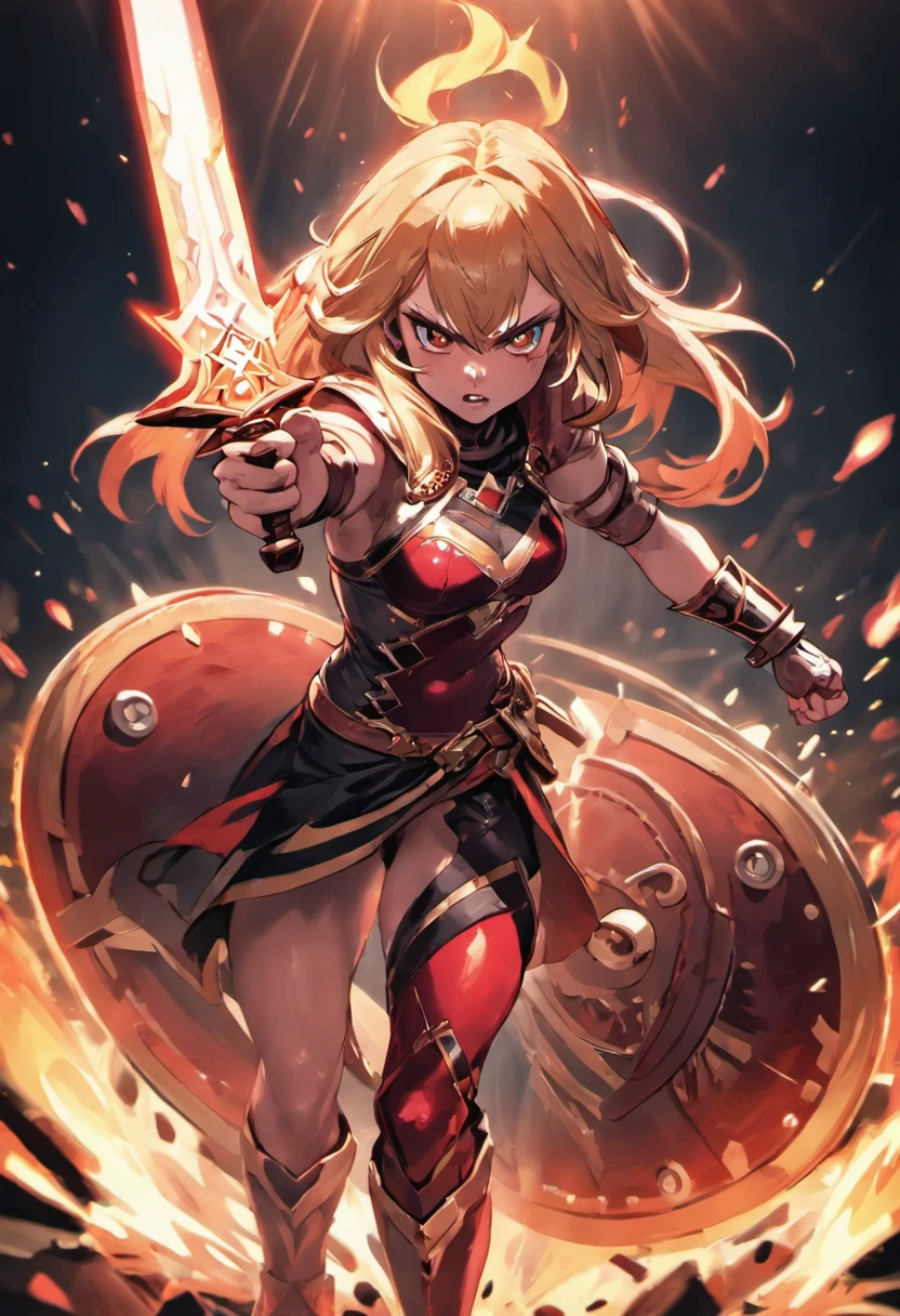 Uma personagem feminina,Full body like,(Head-to-body ratio 1 to 7)Best quality,Ultra-detailed,Realistic,Portrait, hdr, professional, Vivid colors, Bokeh, Girl, holdingweapon, Detailed shield, Sharp sword, Dynamic pose, Intense expression