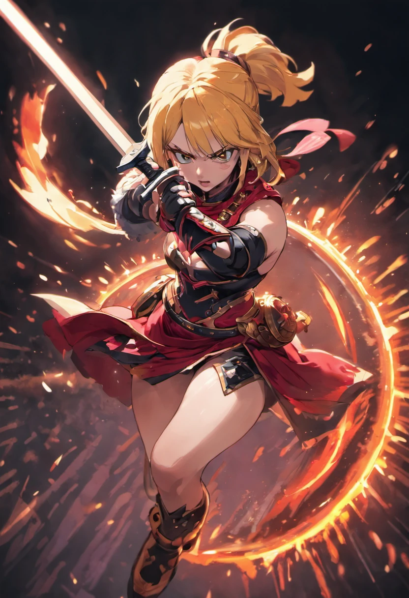 Uma personagem feminina,Full body like,(Head-to-body ratio 1 to 7)Best quality,Ultra-detailed,Realistic,Portrait, hdr, professional, Vivid colors, Bokeh, Girl, holdingweapon, Detailed shield, Sharp sword, Dynamic pose, Intense expression