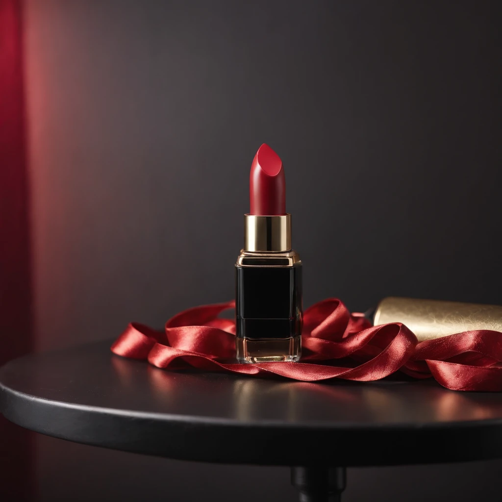 fondo negro, Red lipstick on black table surrounded by red and gold streamer for product photography in photo studio