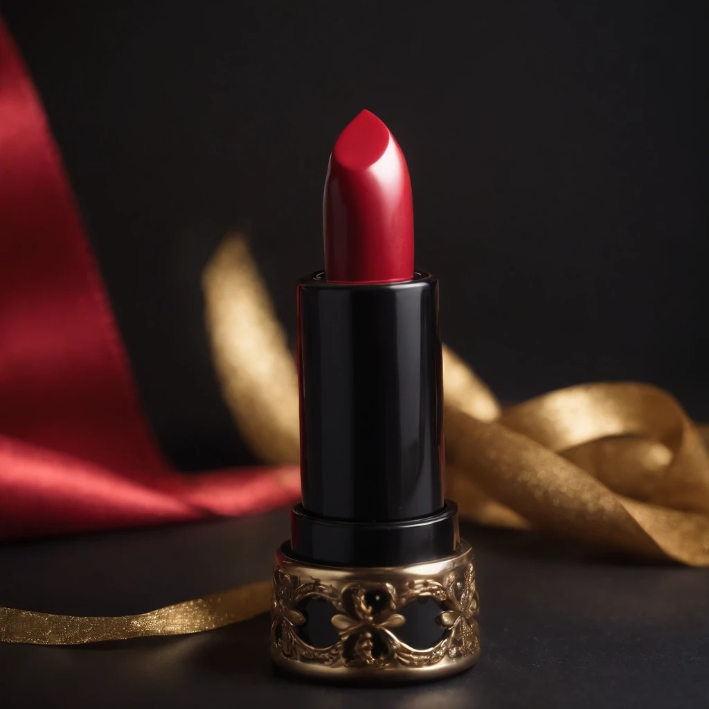 fondo negro, Red lipstick on black table surrounded by red and gold streamer for product photography in photo studio