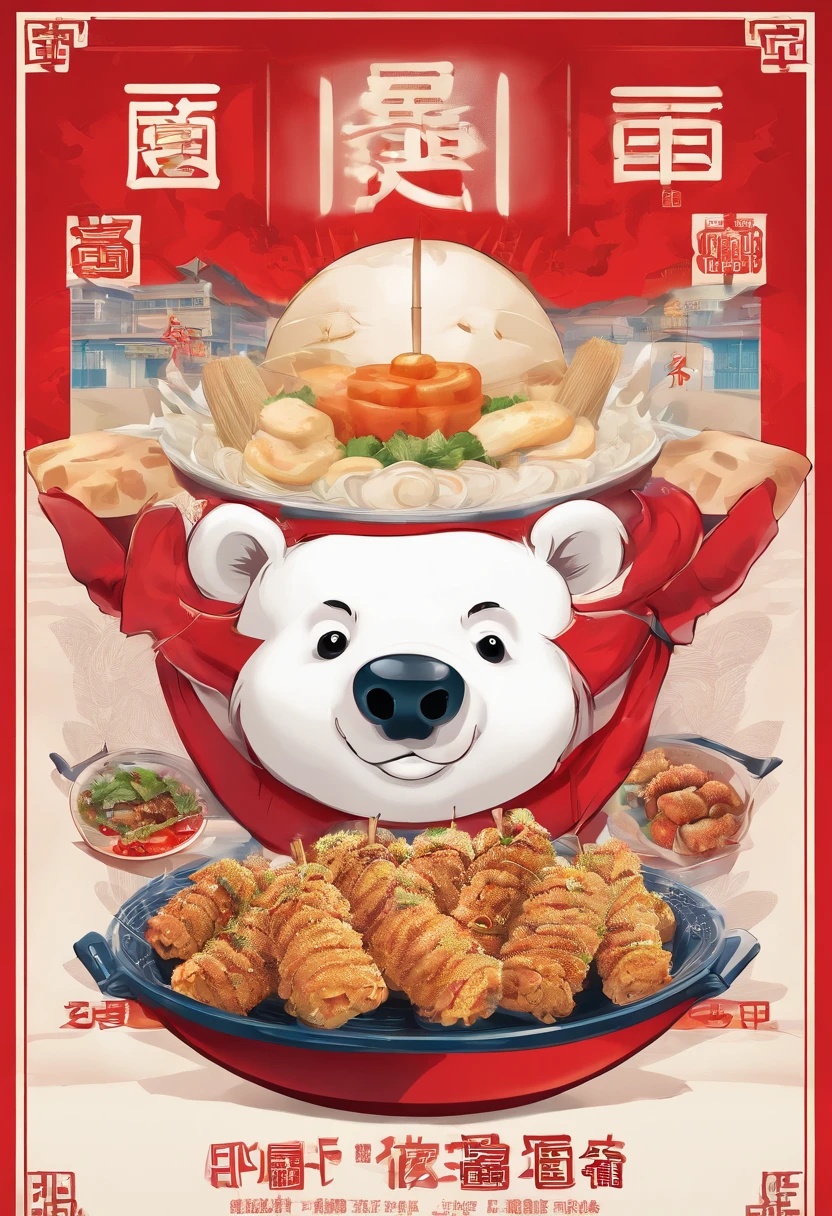 white bear，Eat fried skewers，Red bowl，The title is 9000 fried skewers，China-style，round form，jubilation