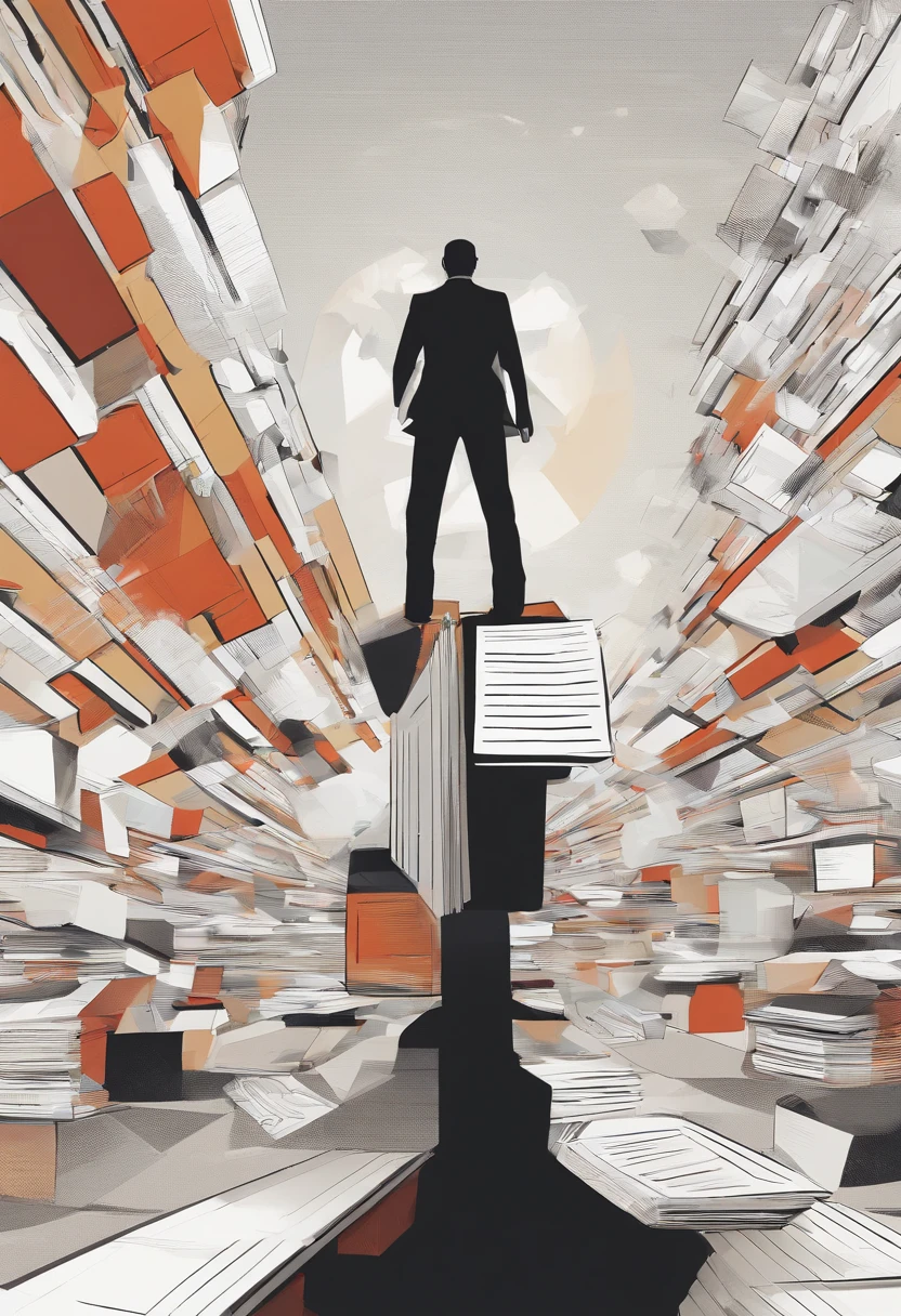 a person standing alone in a white, open space. The camera angle should be a low-angle shot looking up at them. They appear anxious, looking upwards to a  book flying above him  with intense fear and tension