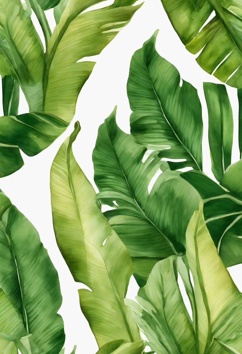 banana leaves and raw coconut and calm color watercolor pattern isolated on white background. Watercolor paper texture.