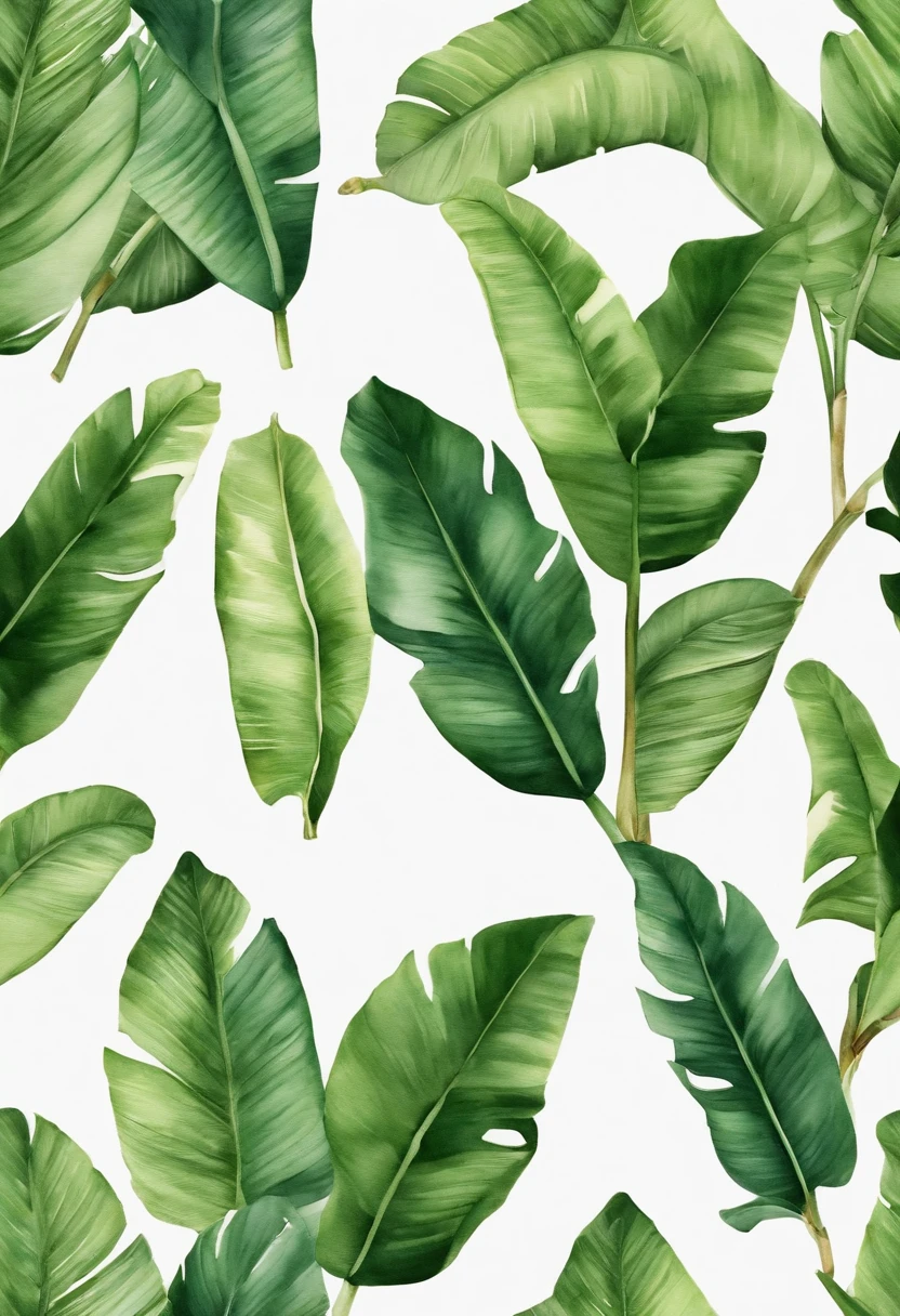 banana leaves and raw coconut and calm color watercolor pattern isolated on white background. Watercolor paper texture.