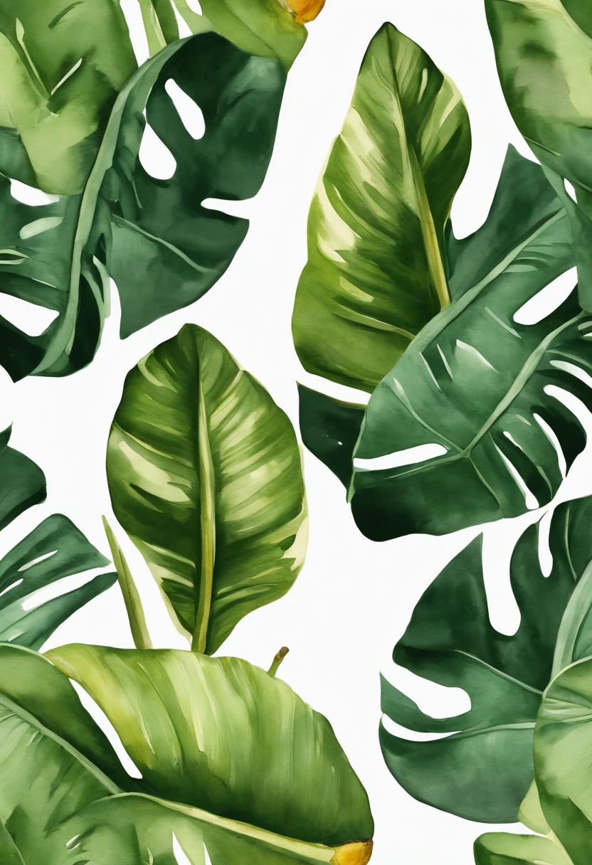 banana leaves and raw coconut and calm color watercolor pattern isolated on white background. Watercolor paper texture.