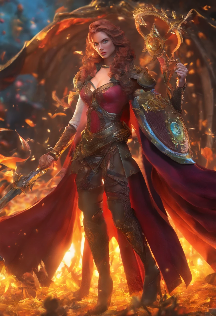 Uma personagem feminina,Nine-headed beauty,Best quality,Ultra-detailed,Realistic,Portrait, hdr, professional, Vivid colors, Bokeh, Girl, holdingweapon, Detailed shield, Sharp sword, Dynamic pose, Intense expression