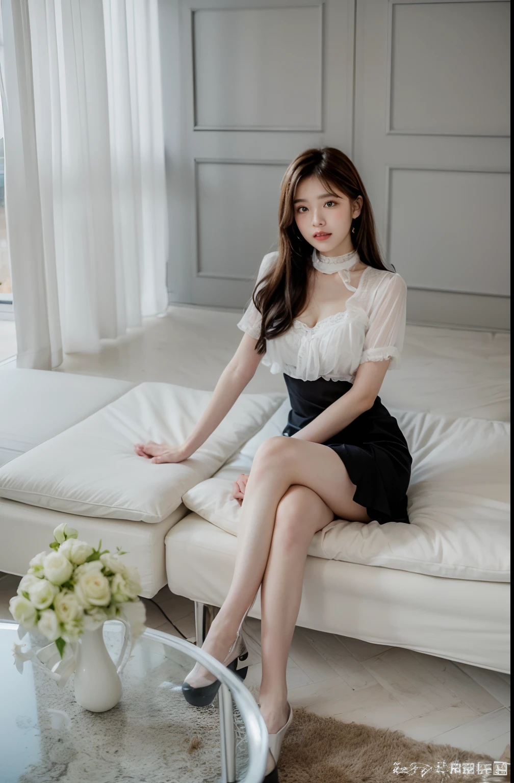 ​masterpiece、Top image quality:1.2、((beautiful young woman with))、Transparent skin:1.2、{A slight smil}、(kawaii)、Transparent short sleeve knit:1.2、luxury hotel、depth of fields、Sharp Focus:1.5、Fine details