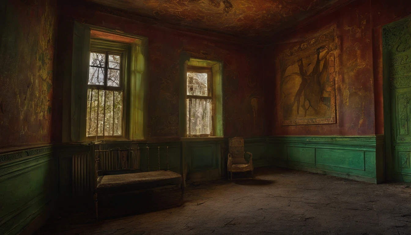 abandoned inside house, strange symbols etched into the walls, unnerving paintings adorned the walls, depicting twisted, nightmarish scenes, paintings on the wall,