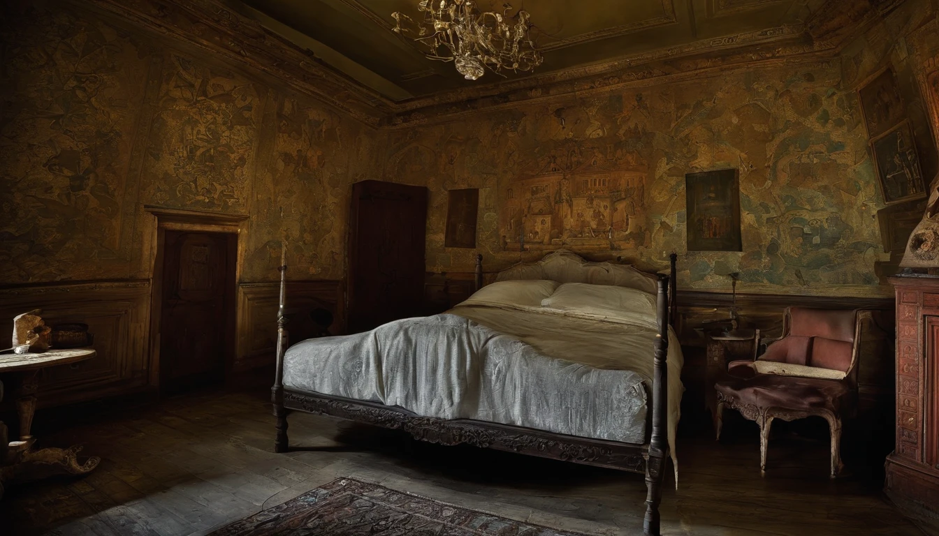 abandoned inside house, strange symbols etched into the walls, unnerving paintings adorned the walls, depicting twisted, nightmarish scenes, paintings on the wall,