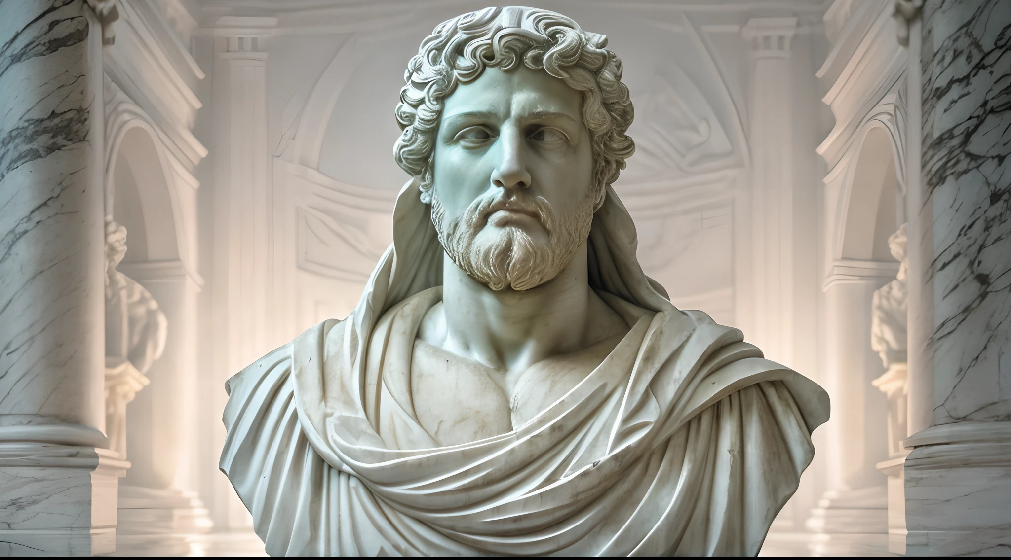 A realistic Greek white marble statue of Marcus Seneca carefully detailed wearing a ghostly toga, fundo neutro, Moody, , fotorrealista, Jantar de cinema atencioso, super detalhada, Hiper realista, luzes brilhantes, 8 mil