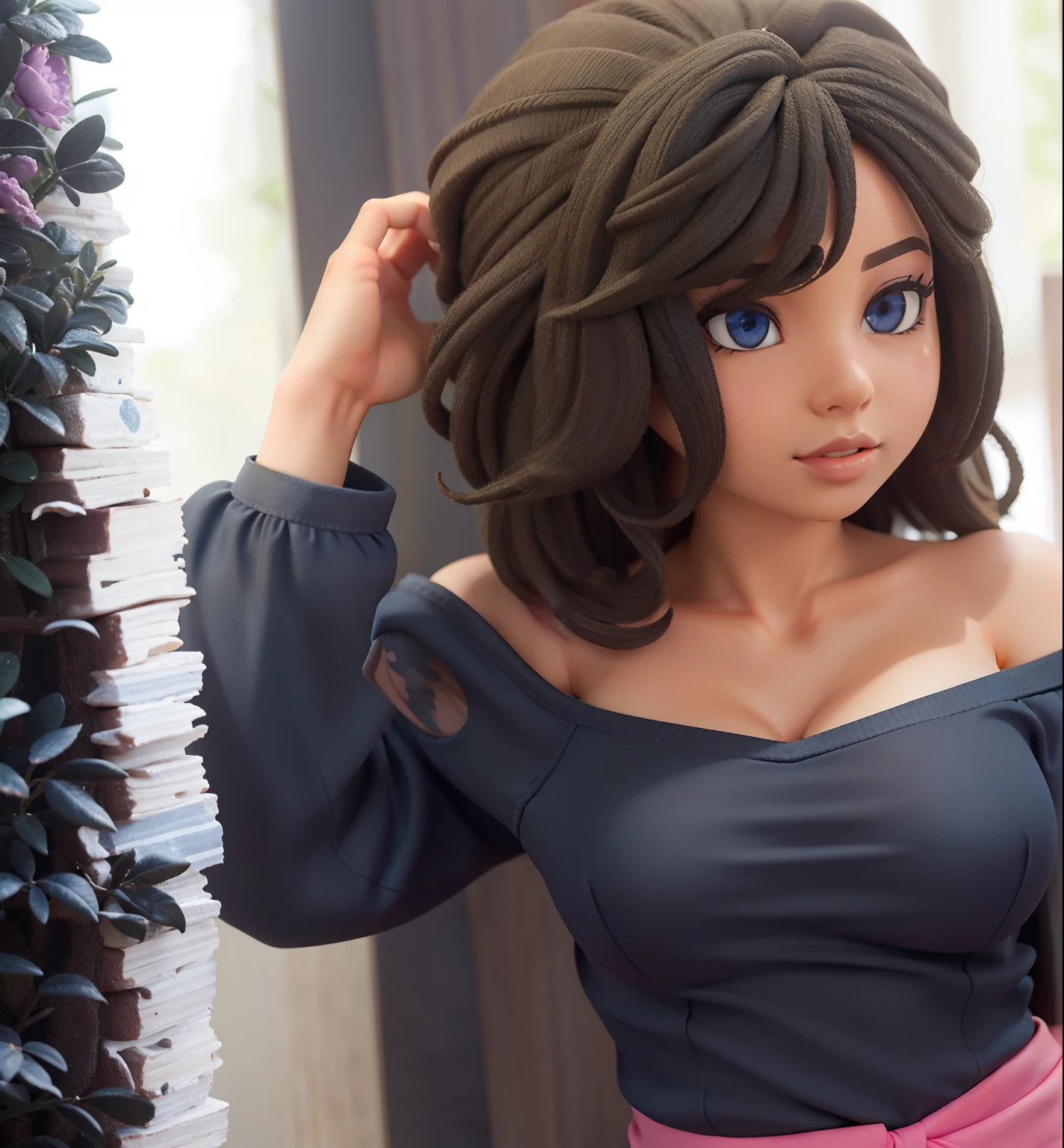 1menina pele castanha escura africana, sombras realistas, pele detalhada, olhos brilhantes, cabelos negros cacheados, Very detailed, Rosto 8k altamente detalhado, Formato de rosto perfeito, perfect full lips, nariz perfeito, corrigir olhos bonitos, Observador, vestido de noiva:4 , Flores de cabelo, master part , best quality, only one, jeans, soio