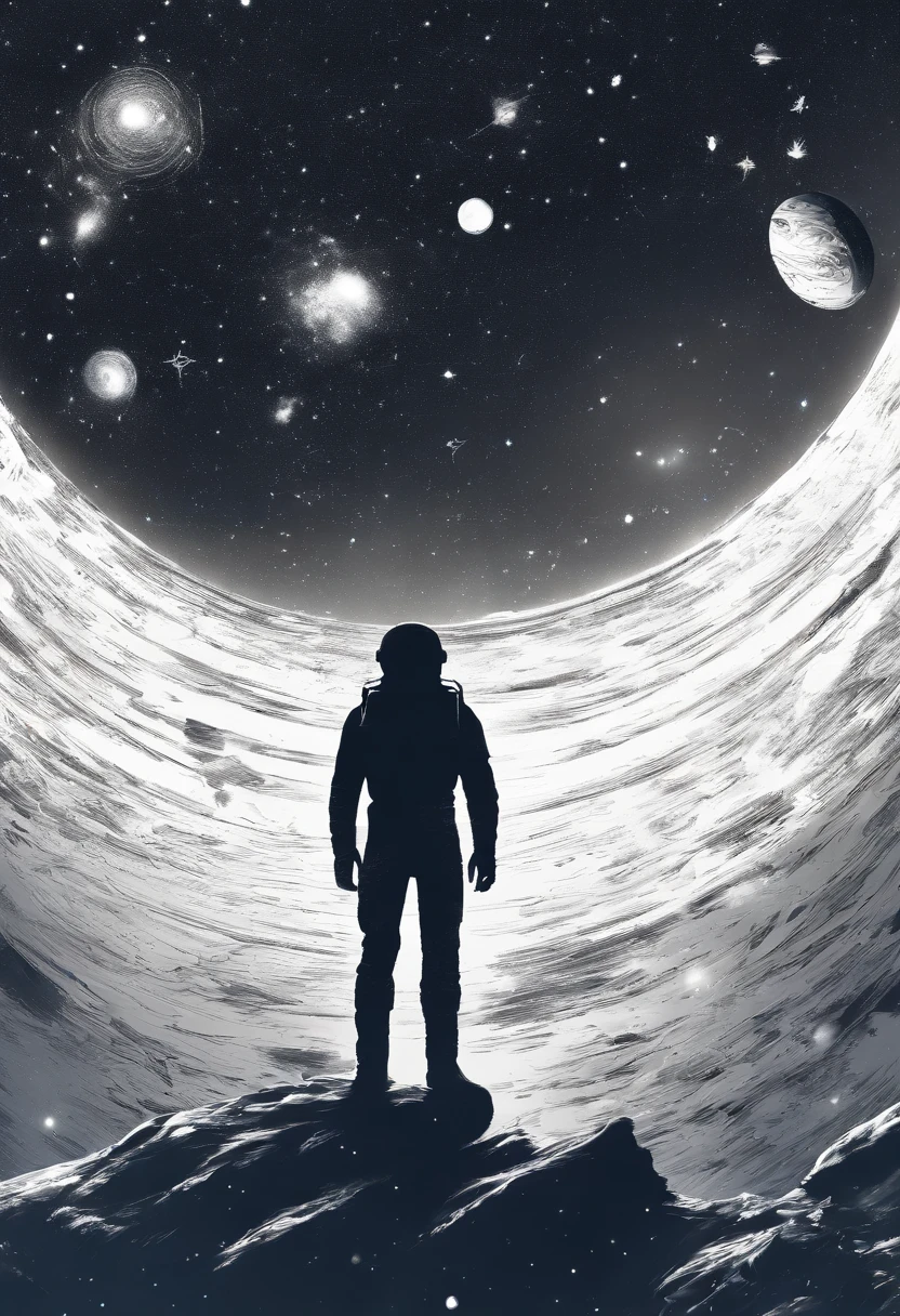a person standing alone in a white, open space. The camera angle should be a low-angle shot looking up at them. They appear anxious, looking upwards to a book flying above him with intense fear and tension