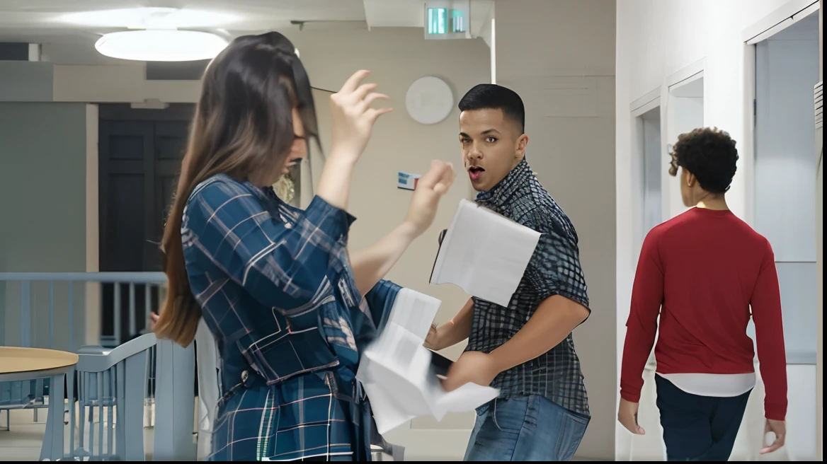 There are two people standing in a hallway with papers in their hands, Cena de luta coreografada, people dancing in background, captura de tela de um filme, pessoas lutando, dancing people, cena de luta, still from a music video, cena de luta, videoclipe, pessoa em primeiro plano, Cinematic fight in the middle of the shot, cena de um filme, dancing in the background, estudante, people walking through