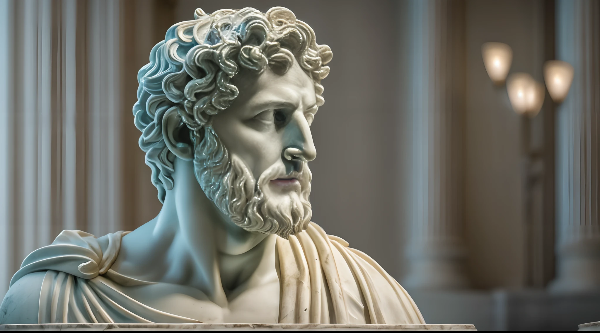 a realistic of bust  greek white marble statue of marco aurelio wearing a ghostly toga, neutral background, moody, stoic, photorealistic, cinematic scene, super detailed, hyper realistic, bright lights, 8 k