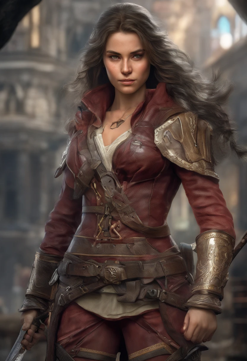 Uma personagem feminina,Full body like,(Head-to-body ratio 1 to 7)Best quality,Ultra-detailed,Realistic,Portrait, hdr, professional, Vivid colors, Bokeh, Girl, holdingweapon, Detailed shield, Sharp sword, Dynamic pose, Intense expression