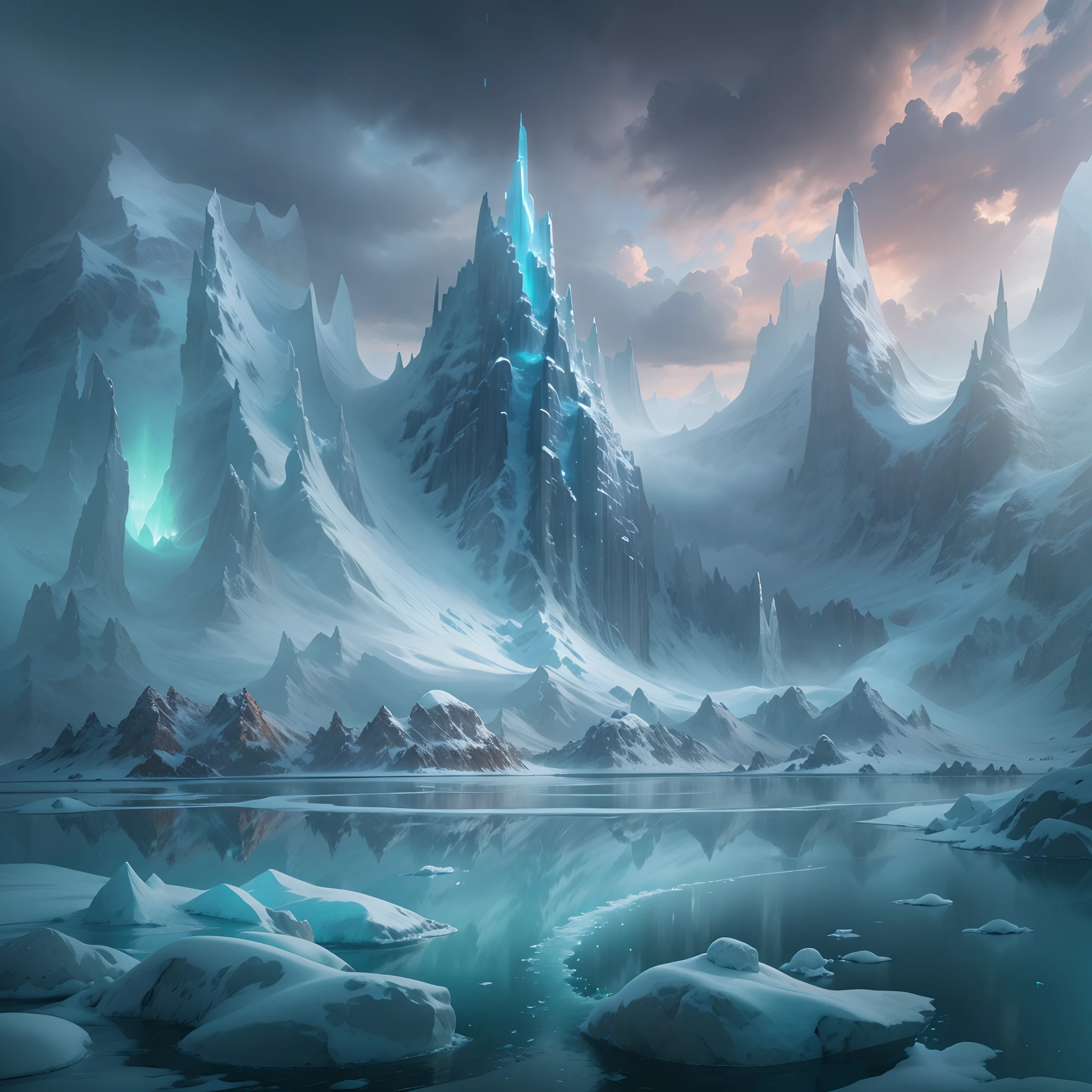 ModelShoot style, (Extremely detailed Cg Unity 8K wallpaper),Snowy mountain landscape with fog，South Pole，aurora， Towering snow-capped mountains，Transparent ethereal ice sculpture palace，Ice block house，Frozen lake, Vast and breathtaking scenery.Immerse yourself in the beautiful aurora，photography of：Brandon Woelfelmist，Surreal dreams，Gray atmosphere，raining day，dyna，lut，hdr，Surrealist art fantasy style，Epic digital fantasy art style，Beautiful dream art