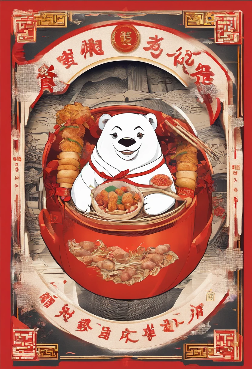 white bear，Eat fried skewers，Red bowl，The title is 9000 fried skewers，China-style，round form，jubilation，No text，Pure diagram，warmth