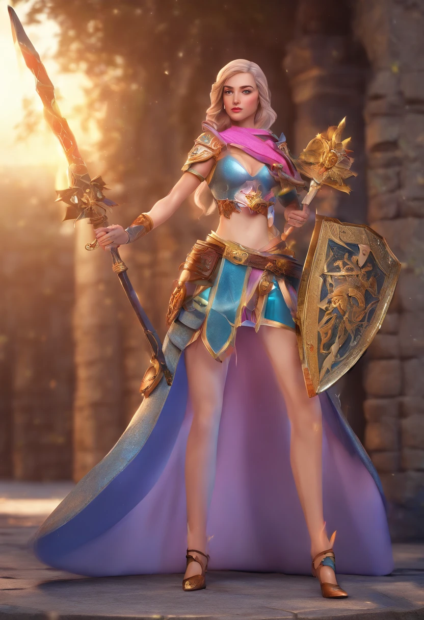 Uma personagem feminina，Full body like，Nine-headed beauty，Best quality,Ultra-detailed,Realistic,Portrait, hdr, professional, Vivid colors, Bokeh, Girl, holdingweapon, Detailed shield, Sharp sword, Dynamic pose, Intense expression